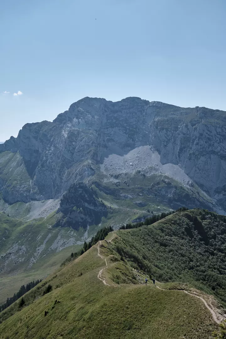 Descente vers le Col d'Orgeval, l'Arcalod en toile de fond - Massif des Bauges