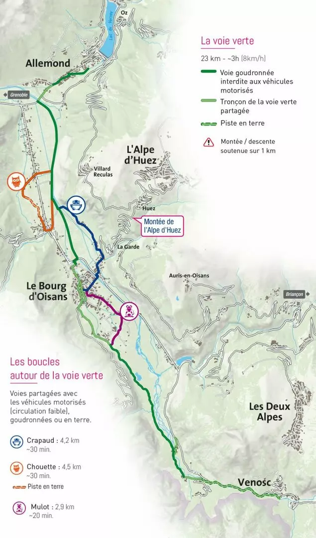 Plan de la voie verte dans la vallée de Bourg d'Oisans, Venosc et Allemond - Bike Oisans