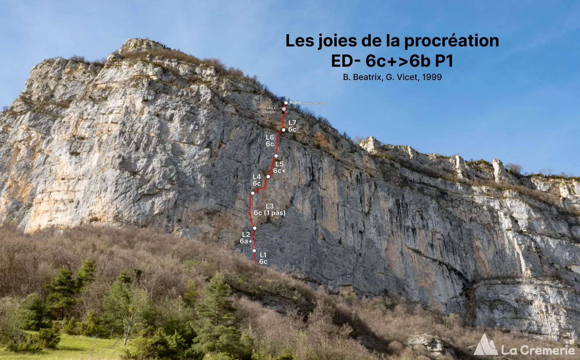 Tracé estimatif de la grande voie Les joies de la procréation ED- 6c+>6b P1 à Presles dans le Vercors