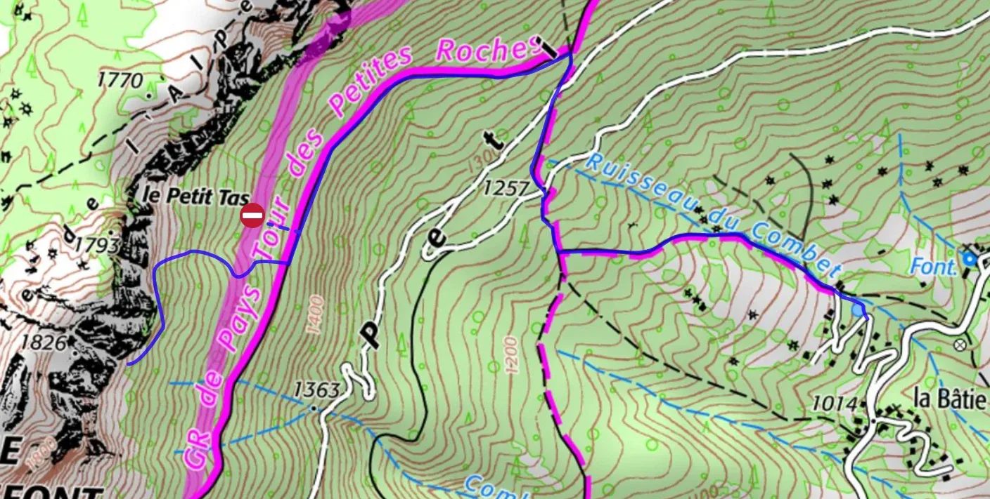 Tracé de l'approche de la grande voie d'escalade la rimbambelle au Dôme de Bellefont sur fond de carte IGN