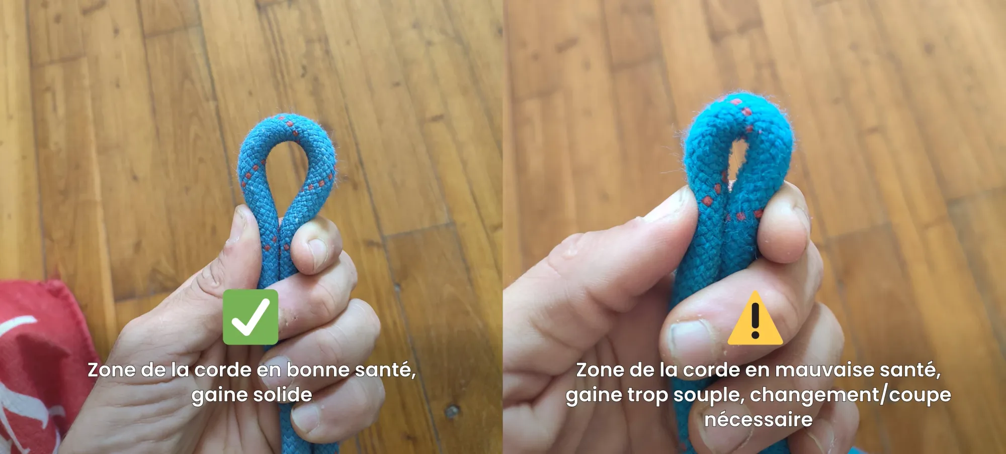 Test du pli pour vérifier l'usure de la gaine et l'âme d'une corde d'escalade