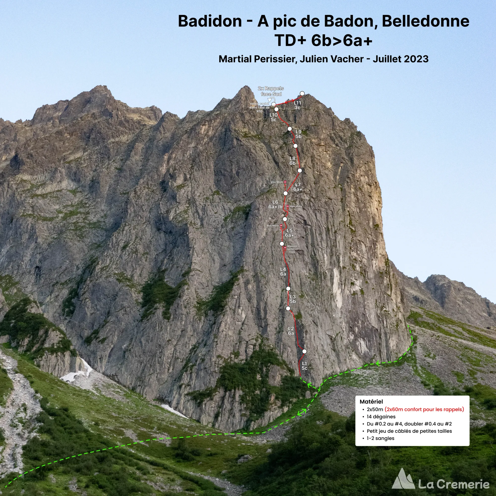 Tracé estimatif de la grande voie d'escalade Badidon sur l'A Pic de Badon en Belledonne