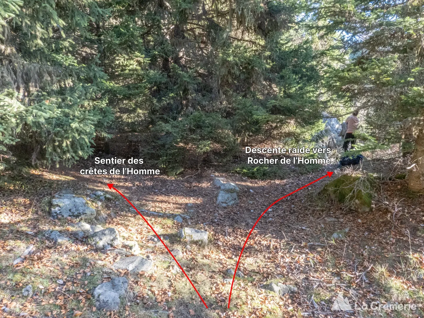 Embranchement qui mène aux grande voies d'escalade sur le Rocher de l'Homme à Chamrousse en Belledonne